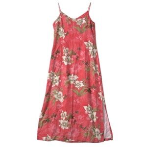 La Cabana Hawaiian Maxi Coral Floral Dress Sz LG Tropical Pink Spaghetti Strap